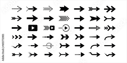 Collection of black arrow icons and symbols on white background direction right