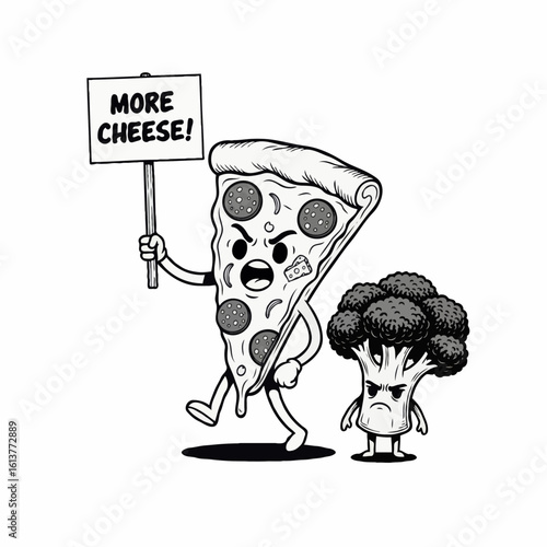 Pizza slice demands more cheese with broccoli in background