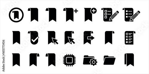Collection of black digital interface icons including bookmarks lists and computer components label ribbon