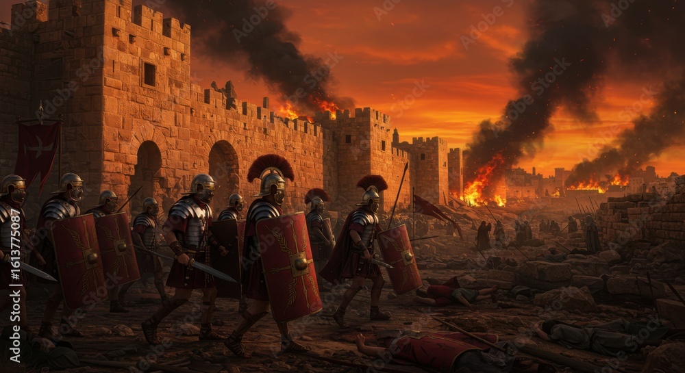 Obraz premium An illustration depicting Roman soldiers attacking the walls of ancient Jerusalem, fire and chaos