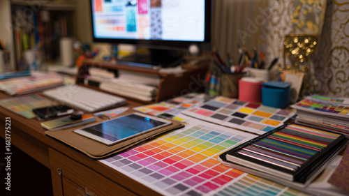 Graphic designer's desk with monitor, color swatches, tablet and notes
