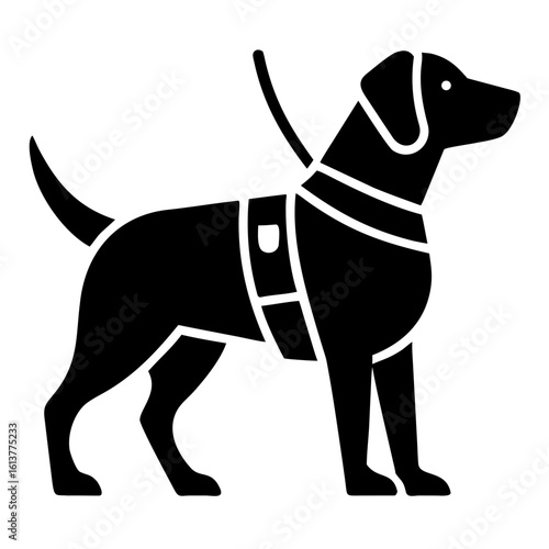 Guide dog harness for assistance animal depicted in simple black and white illustration. Showing a guide dog harness on dog to aid visually impaired individuals.