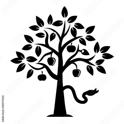 Symbolic tree with fruit and snake, representing knowledge and temptation. This tree with fruit and snake evokes themes of the Garden of Eden, where forbidden knowledge tempted early humans.