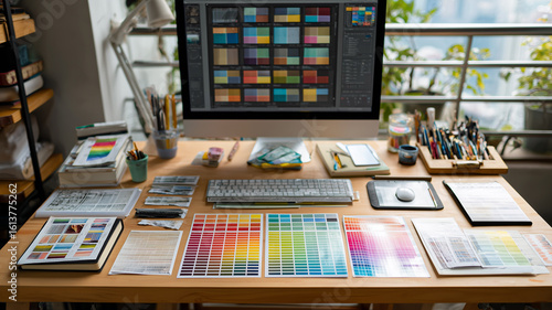 Graphic designer's desk with monitor, color swatches, tablet and notes