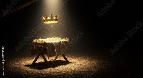Golden crown floats above manger with straw and cloth, illuminated by celestial light