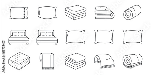 Collection of line art icons for bedding and sleep accessories pillow mattress