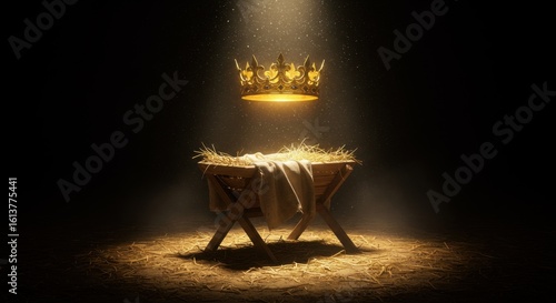 Golden crown suspended over empty manger, illuminated by divine light with sparkling dust