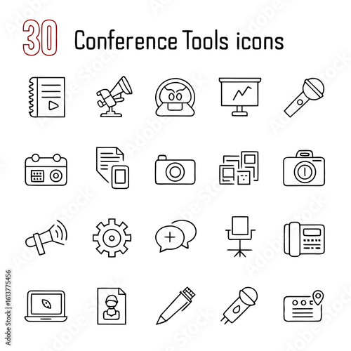 Illustration of thirty conference tools icons including microphone, camera, calendar, and presentation board