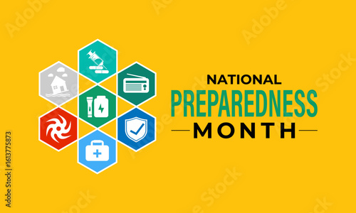 September is National Preparedness Month, which encourages individuals, families, and communities to prepare for disasters. Action natural disasters like floods and hurricanes. Banner poster design.