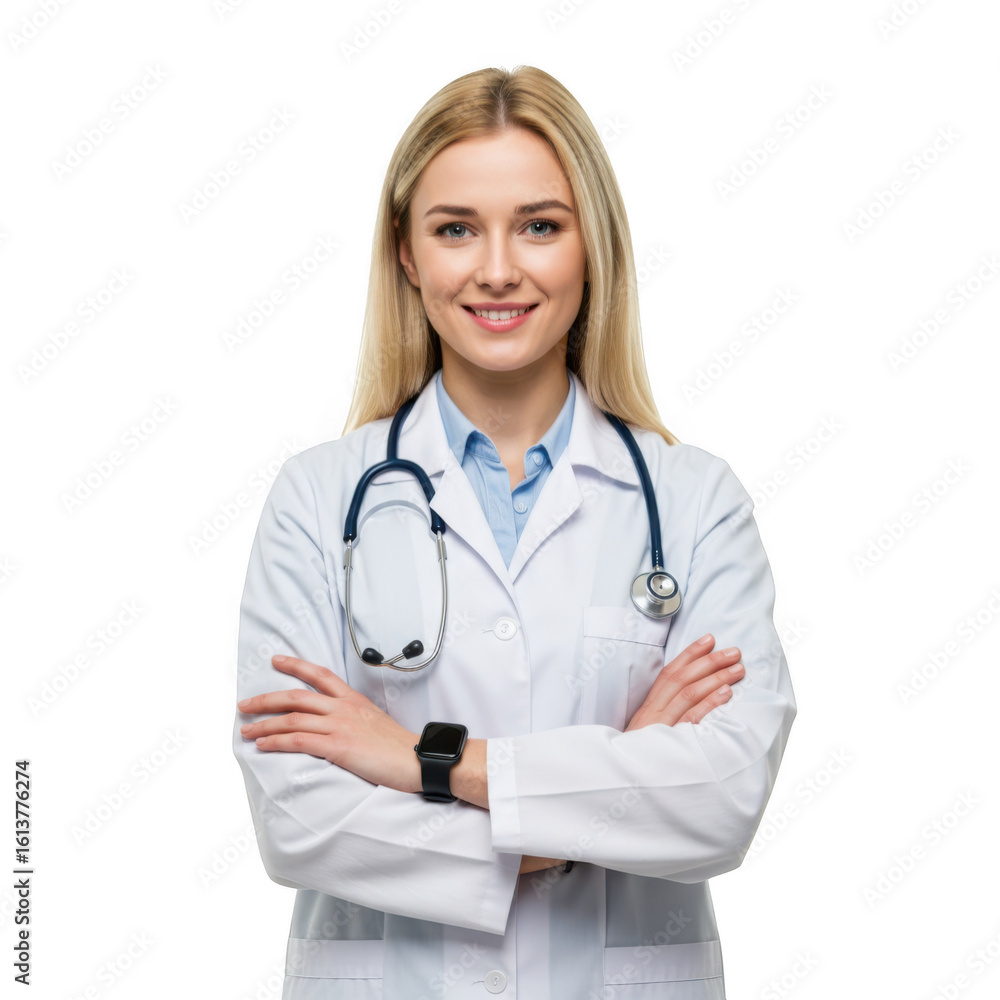 Professional young woman doctor wearing white lab coat and stethoscope smiling confidently with arms crossed isolated on transparent background