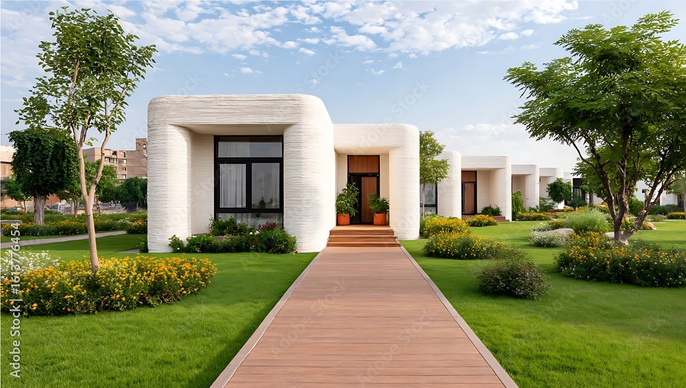 Naklejka premium Modern sustainable 3D-printed houses surrounded by lush greenery, showcasing eco-friendly architectural innovation