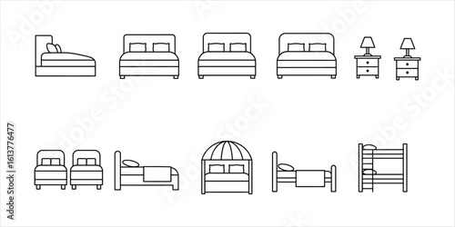Collection of simple line art icons depicting various bed types and nightstands illustration furniture