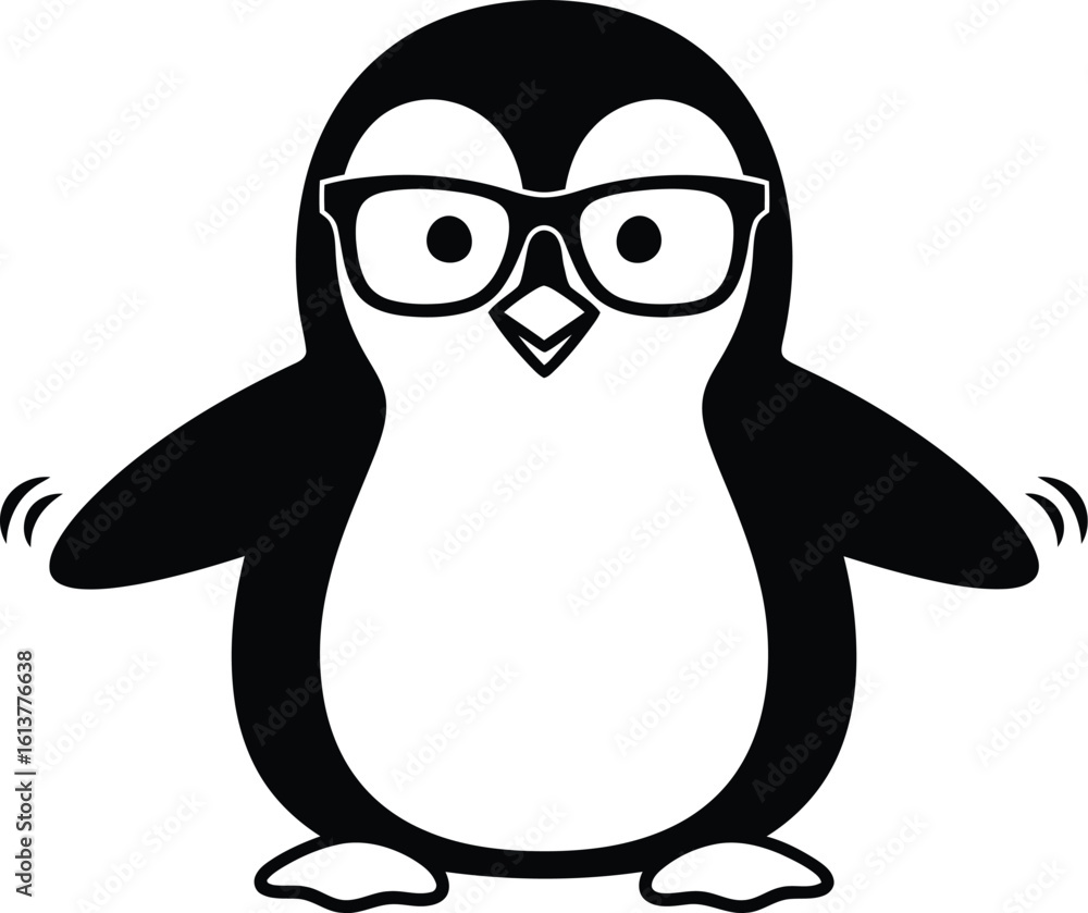 Fototapeta premium A cartoon penguin with glasses standing on a white background in a simple black and white illustration
