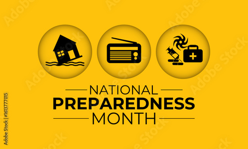 September is National Preparedness Month, which encourages individuals, families, and communities to prepare for disasters. Action natural disasters like floods and hurricanes. Banner poster design.