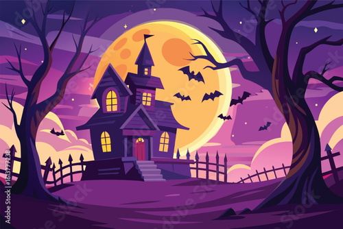 Spooky haunted house with bats flying under a large full moon Halloween night