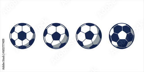Four navy blue and white soccer balls in a row on white background football sport
