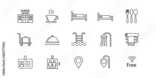 Hotel amenities icons including building bed coffee shower pool luggage and wifi stars accommodation