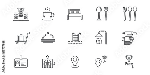 Hotel amenities icons including building pool food wifi and luggage cart stars coffee