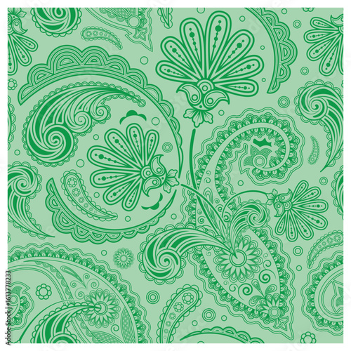 Seamless Green Paisley Floral Pattern with Traditional Indian Motifs.