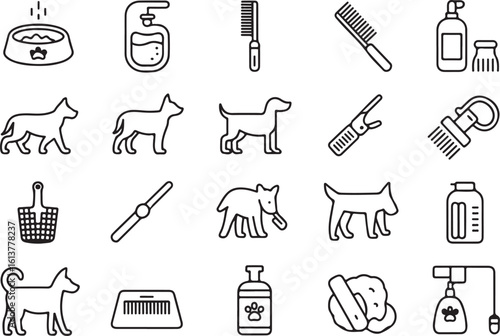 Seamless Pattern of Dog Grooming Icons with Dog Silhouettes Featuring Combs Shampoo and Treats in a Simple Line Art Style Silhouette