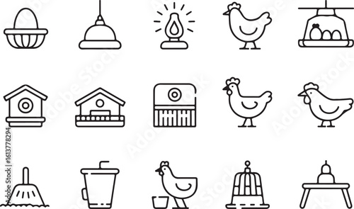 Collection of Farm and Poultry Icons in Outline Style Featuring Chickens Birdhouses and Farm Equipment Presented in a Clean Modern Silhouette silhouette