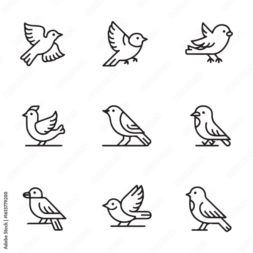 Obraz premium Minimalist Bird Line Icons Set – Elegant Outline Sparrow Vector Collection