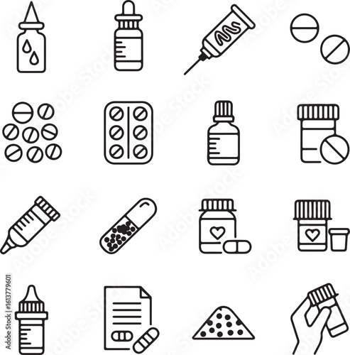 A set of 20 black and white medical and pharmaceutical icons arranged in a 4x5 grid.