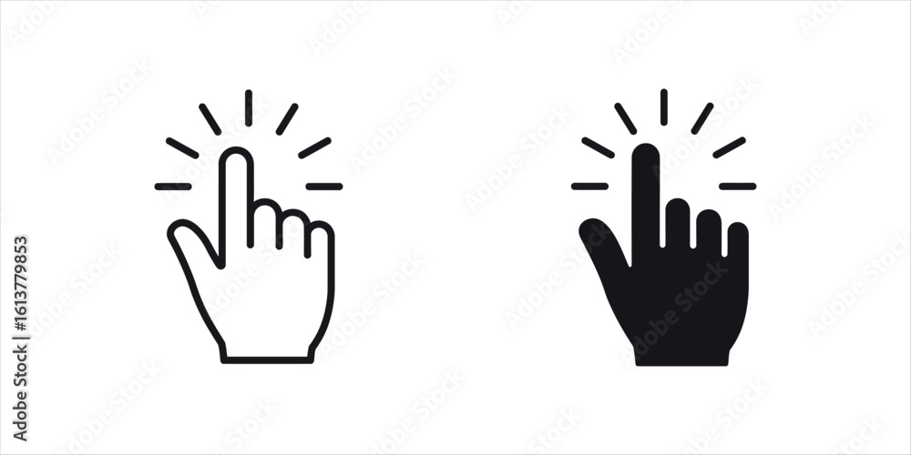 Fototapeta premium Two simple line art and solid black icons of a hand pointing and clicking finger