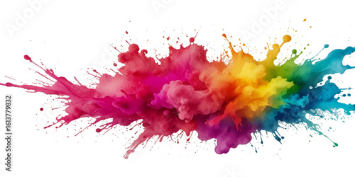 Vector abstract colorful rainbow holi paint and colorful cloud smoke powder explosion isolated on transparent wide panorama background.	