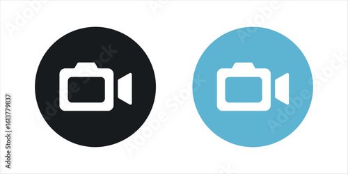 Two simple white video camera icons on black and blue circles video icon film icon
