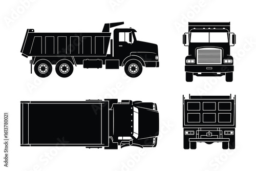 Detailed Black Dump Truck Vector Illustration with Side, Front, and Top Views.