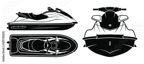 Detailed vector illustration of a personal watercraft with multiple views, including side, top, and front perspectives, isolated on white.