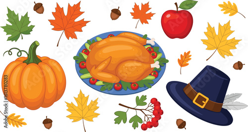 Thanksgiving holiday vector—roasted turkey with vegetables, pumpkin, pilgrim hat, autumn leaves, berries and acorns illustration for seasonal celebration