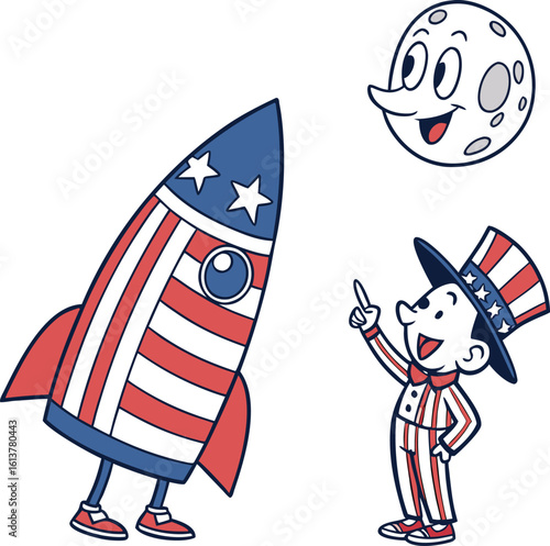 Patriotic Space Journey: An animated depiction of a patriotic rocket prepared for a space launch. A jovial moon smiles from above, and an Uncle Sam figure is pointing.