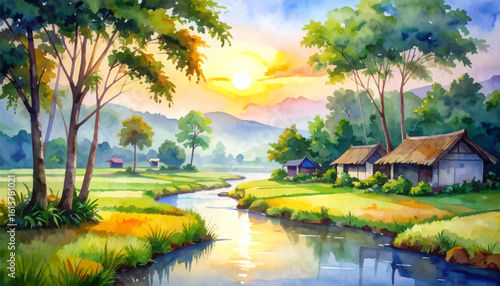 Beautiful sunset in rural countryside. Rural life with sunset and river stream. Peaceful river with village huts and sunset. Traditional rural village landscape at dusk. Sunset over rural houses