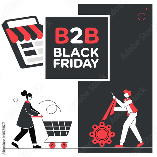 Illustration of b2b black friday sale event with shopping cart and gear mechanism on a split background