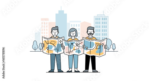 Vector illustration of a team with maps on an urban adventure or scavenger hunt