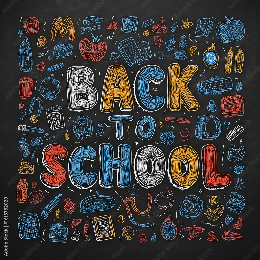 Obraz premium Back to School Chalkboard Art with Colorful School Supply Illustrations