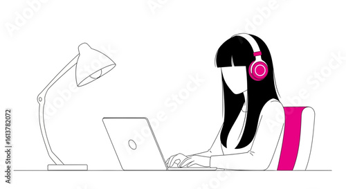 Minimal vector of a remote worker with headphones and a laptop with a vibrant color accent