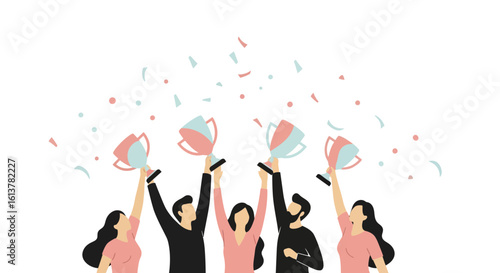 A minimalist vector illustration of a team celebration with simplified figures raising trophies