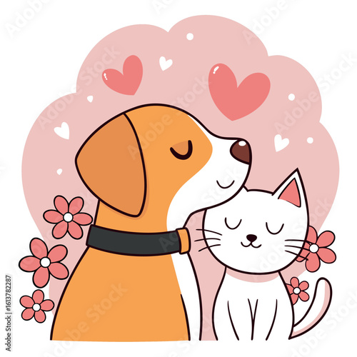 A cute orange dog is hugging a white cat surrounded by pink flowers