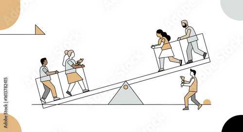 A vector illustration of a team balancing on a seesaw, representing teamwork and collaboration.