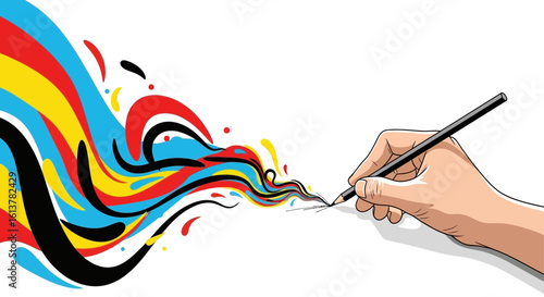 A modern vector of a creative session, with a hand sketching abstract lines in primary colors.