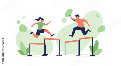 Modern vector illustration of a team competing in a hurdle race, overcoming obstacles together