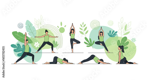 A modern vector illustration of people in various yoga poses surrounded by abstract nature shapes.