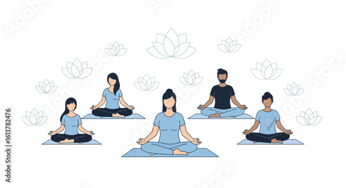 A serene vector scene of a diverse group meditating in lotus poses with minimalist floral icons.