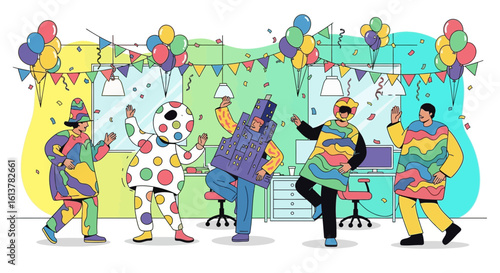 Whimsical vector art of a corporate costume party with dancing colleagues and festive decor