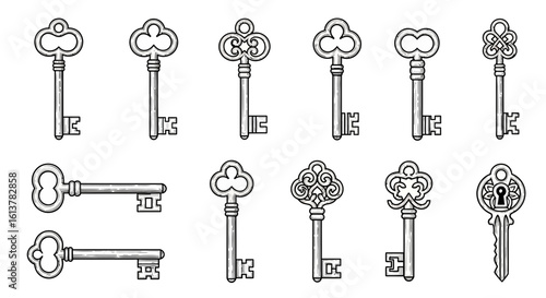 A collection of ornate antique keys illustrated in a detailed black and white line art style