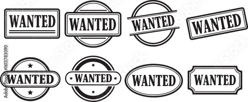 Collection of eight black and white wanted poster stamps, wanted, poster, stamp, vintage, western, outlaw, reward, crime, criminal, search, law, justice, old west, cowboy, sheriff, bounty, notice, ann
