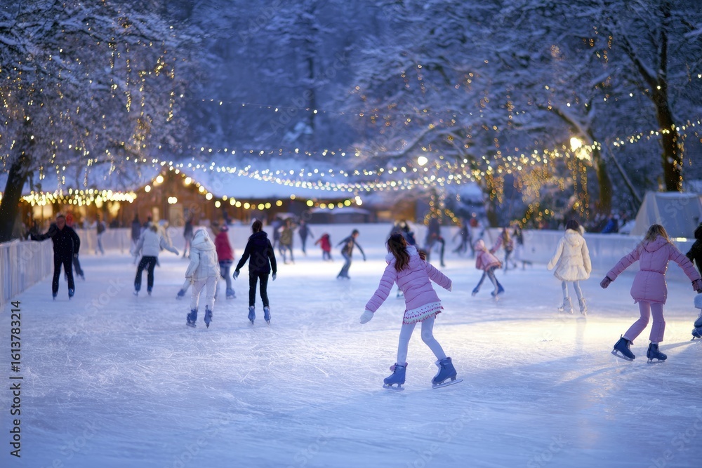 Obraz premium Canadian family wearing winter jackets ice skating on frozen outdoor rink in park, string lights glowing above, festive vibe, no text.
